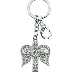 Silver Diamond Cross with Angel Wings Keyring